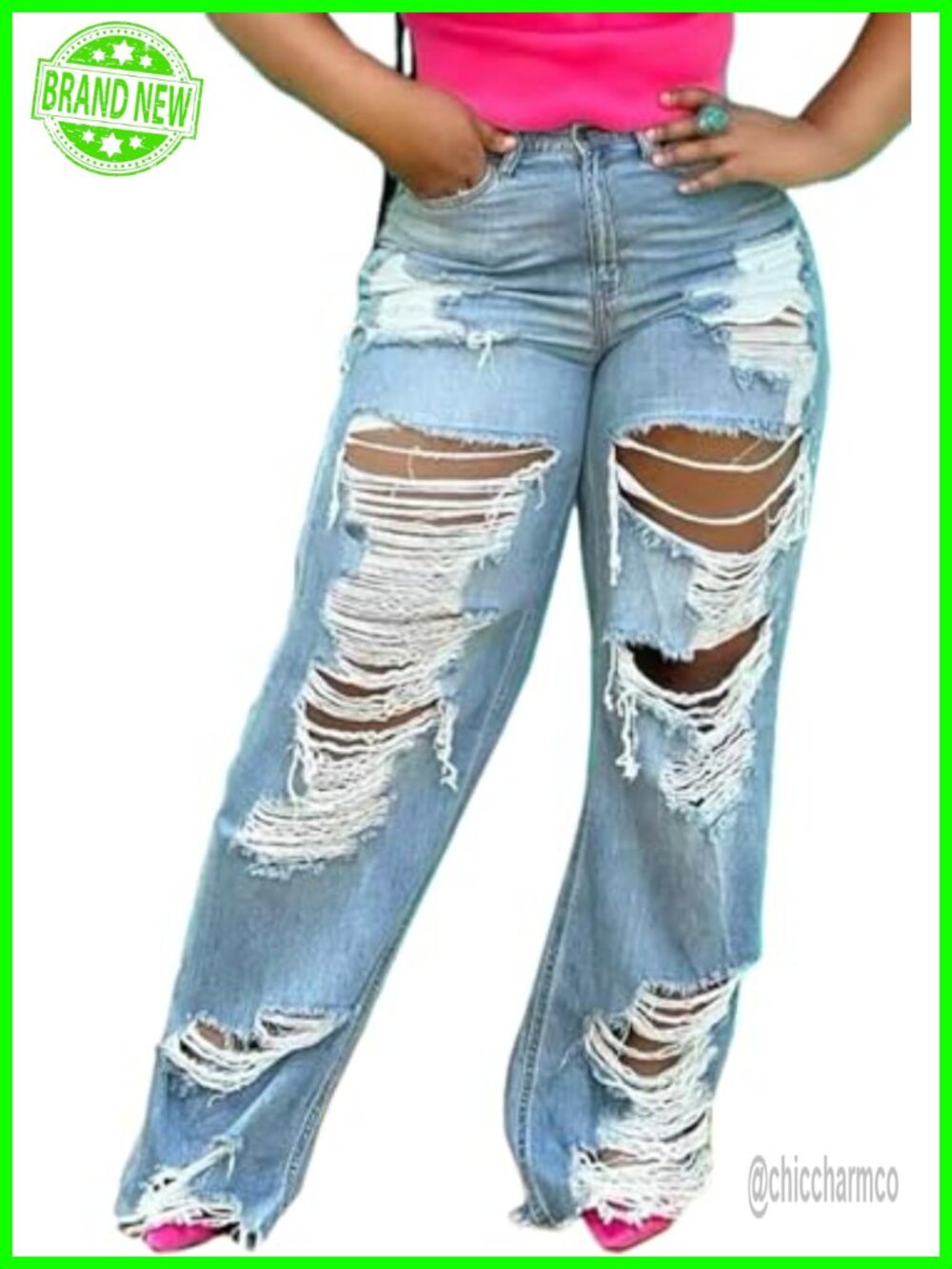 Women's Baggy Ripped Wide Leg High Waisted Distressed Denim Jeans
